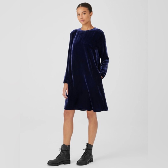 Eileen Fisher blue velour dress Medium round neck Aline silhouette long sleeve - Picture 15 of 16